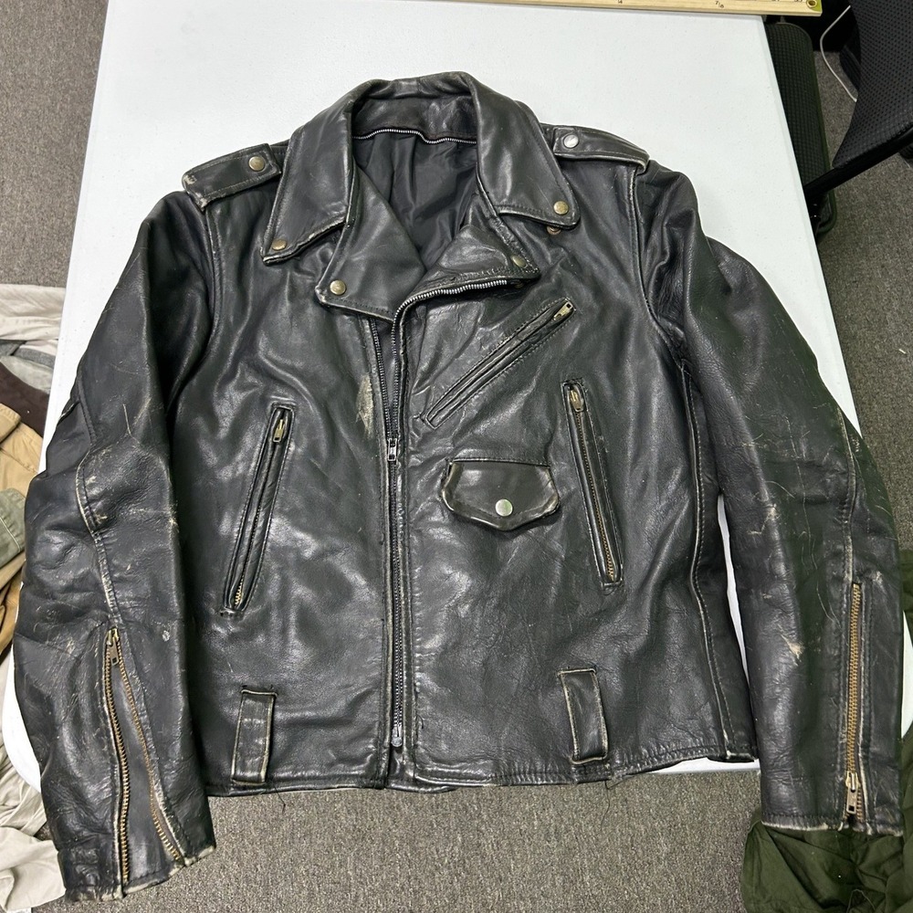 Unbranded Leather Biker Jacket Mens 42 Black Distressed Moto Double Rider H1